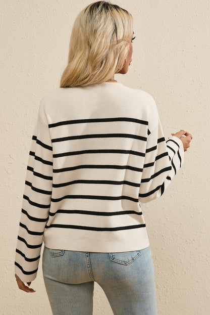 Striped Button Up Round Neck Cardigan