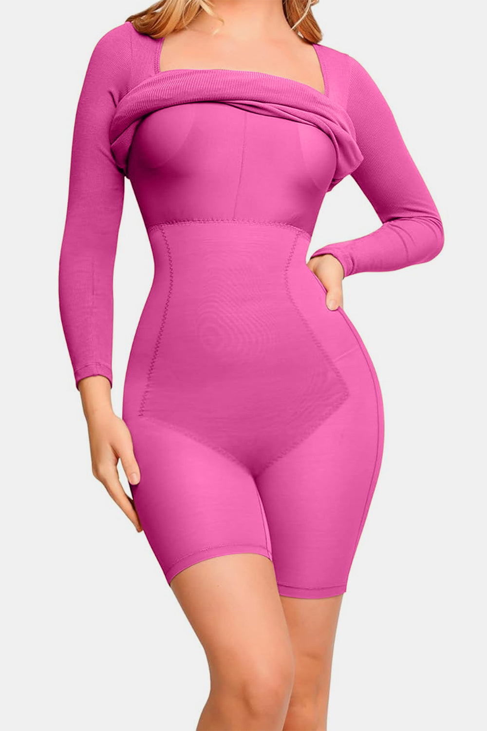 Full Size Built-In Shapewear Square Neck Long Sleeve Dress