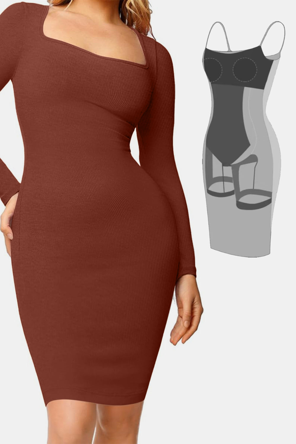 Full Size Built-In Shapewear Square Neck Long Sleeve Dress