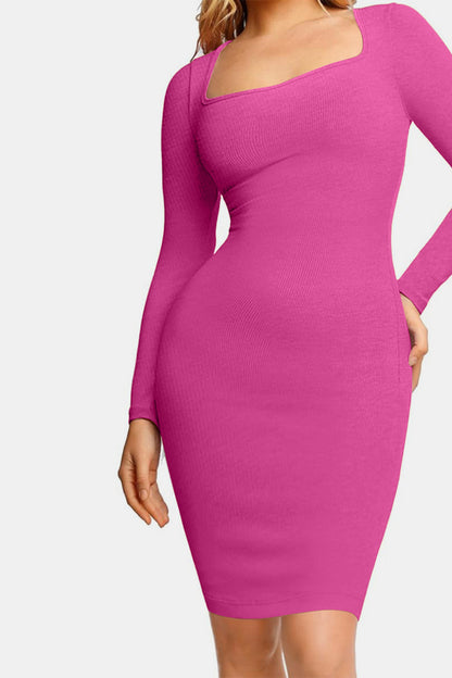 Full Size Built-In Shapewear Square Neck Long Sleeve Dress