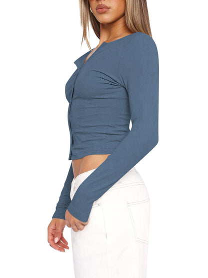 Button Up Round Neck Long Sleeve T-Shirt