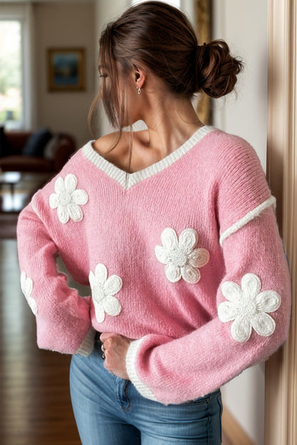 Flower V-Neck Dropped Shoulder Sweater