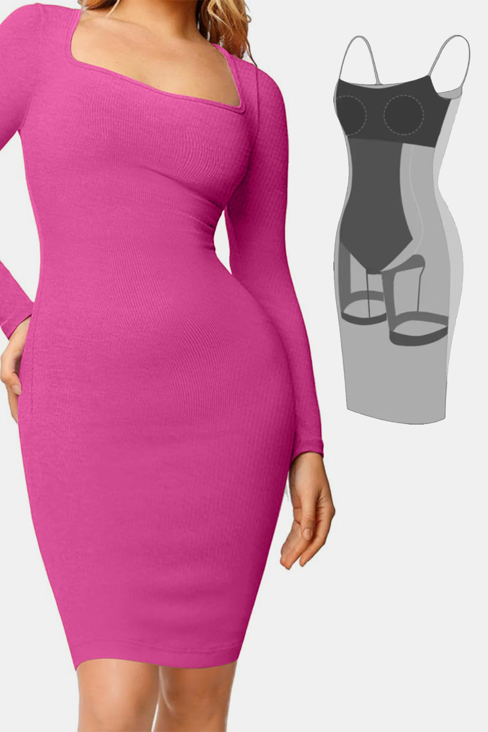 Full Size Built-In Shapewear Square Neck Long Sleeve Dress