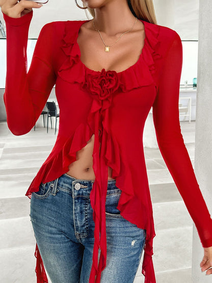 Flower Scoop Neck Long Sleeve Top